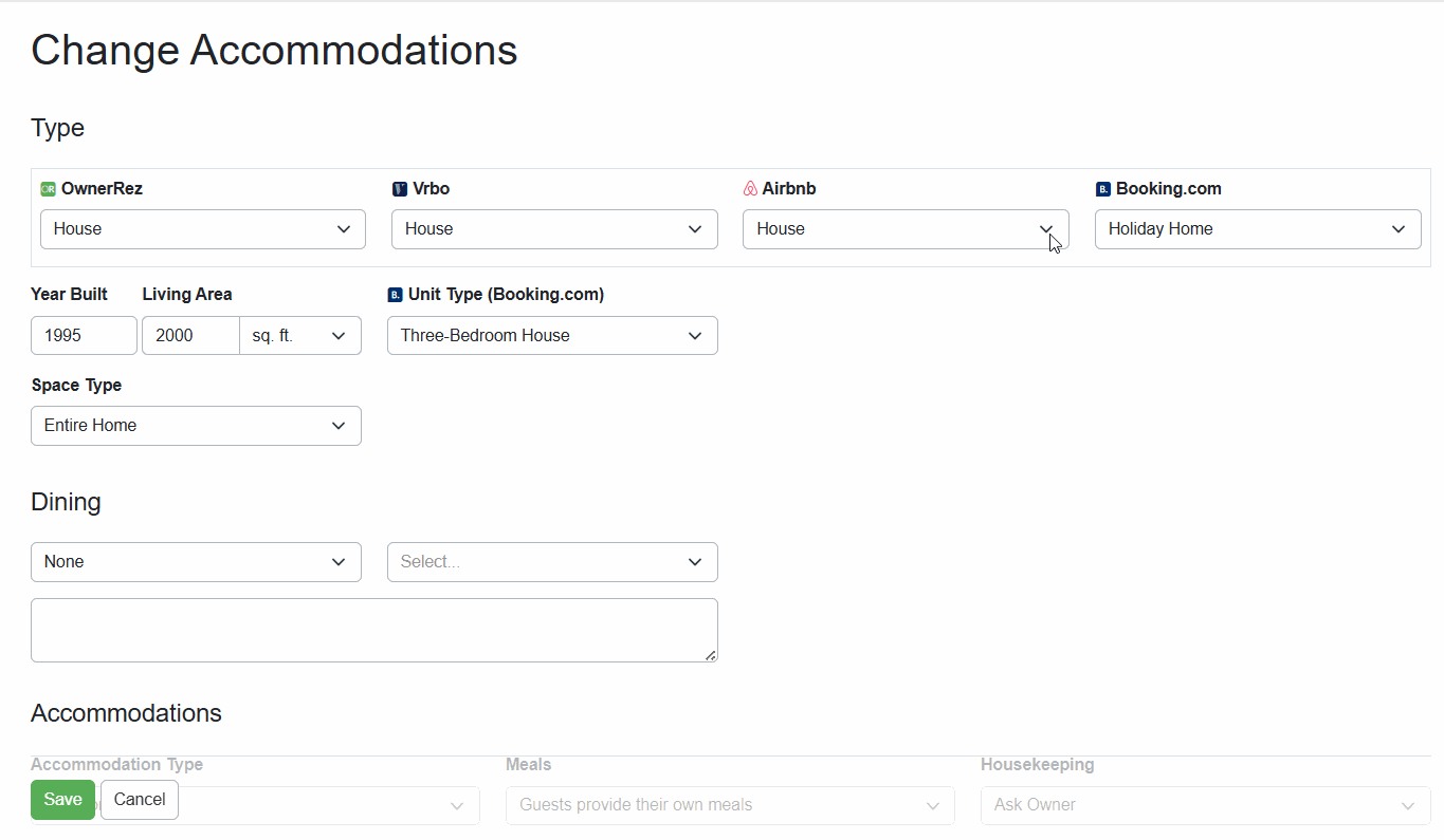 In the&nbsp;Property > Listing Content > Accommodations > Type > Airbnb dropdown list, you'll see that all Airbnb property types are available for selection.