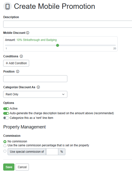 Add a description, use the sliders to adjust the OneKey discount for each member discount tier (Blue, Silver, and Gold), and add any conditions or positions. Select the discount categorization and options, and add any PM options. Click Save.