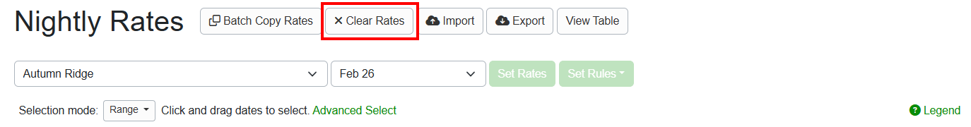 Navigate to the Nightly Rates Calendar (Settings > Pricing > Nightly Rates, or Tools > Rate Calendar) and click the X Clear Rates button.