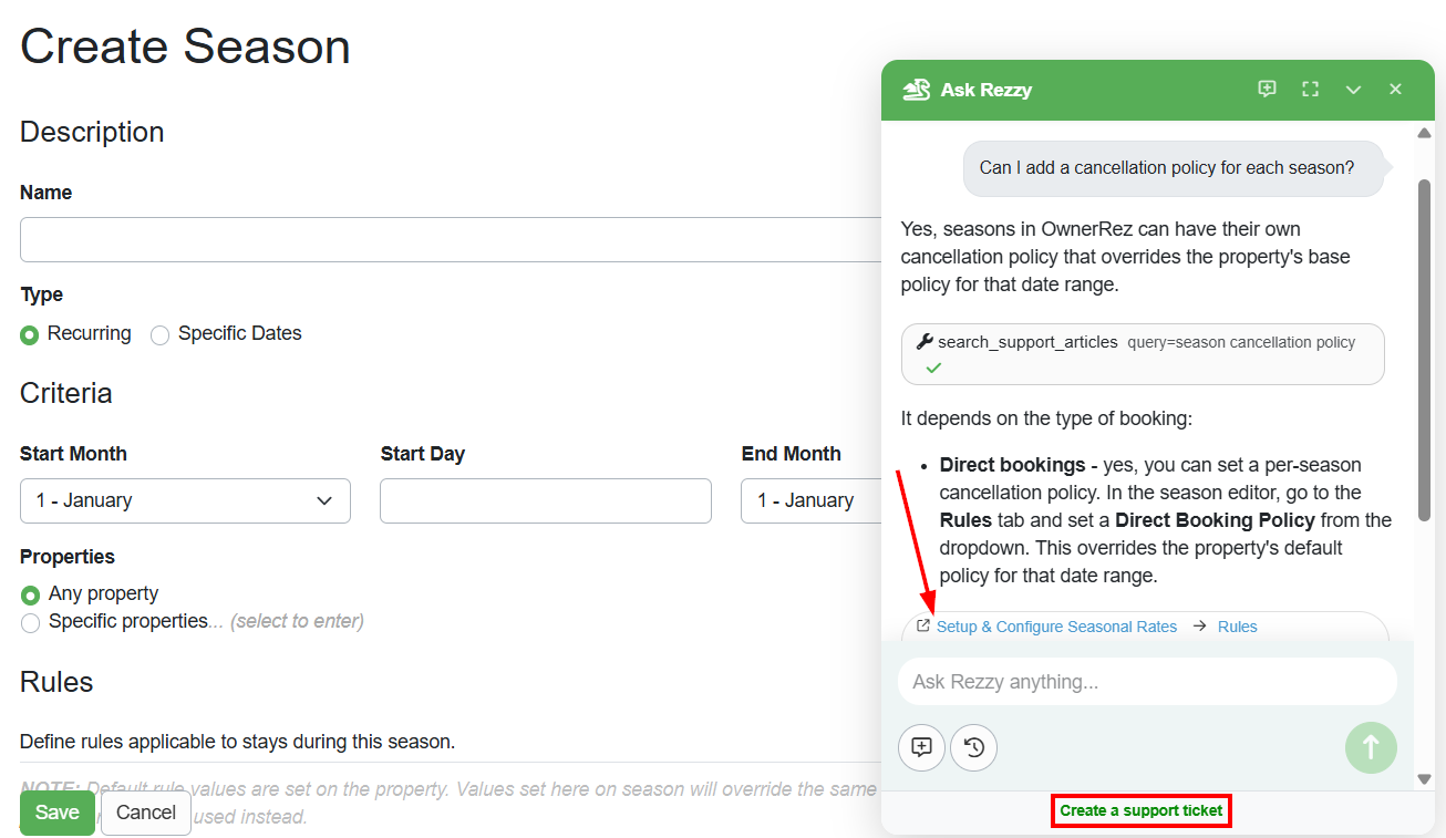 Ask Rezzy utilizes the page you are currently viewing (such as booking, property, surcharge, etc.) to provide context for your questions. It includes links to support articles, enabling Rezzy to automatically resolve vague references, diagnose on-screen errors without requiring you to describe them, and identify when repeated issues may indicate a deeper problem that needs human assistance. If necessary, a link to create a support ticket is at the bottom.