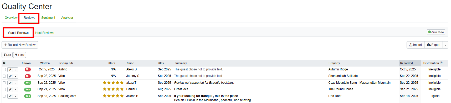 Users can view all reviews and respond to them by navigating to Quality Center > Reviews > Guest Reviews, or by clicking the&nbsp;Reviews&nbsp;link in the left menu. On the OwnerRez Reviews grid, users can clearly see which reviews are&nbsp;eligible for Channel distribution&nbsp;in the Distribution column.