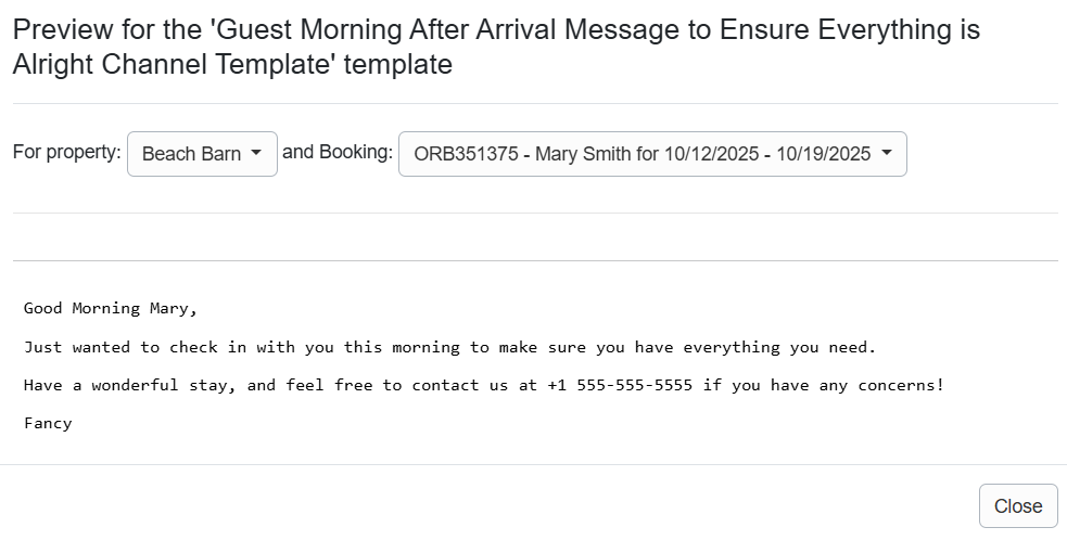 Guest Morning After Arrival Message to Ensure Everything is Alright Channel Template Preview