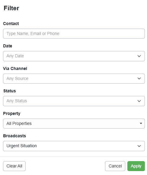 The Unified Inbox filter options include guest contact, date, via channel, booking status, property, and any broadcasts.