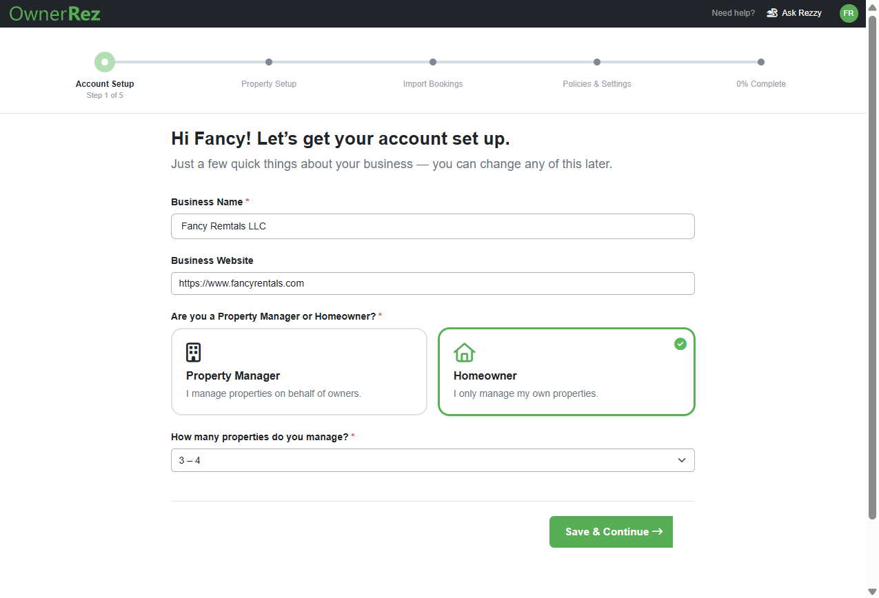 Enter your Business Name, Website, whether you are a Property Manager or a Homeowner, and the number of properties you manage, then click Save & Continue.