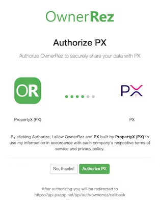 Step 1 - authorize PX In PX, open Settings. In the PMS Connection card, pick OwnerRez. Click Connect with OwnerRez. Sign in to OwnerRez when prompted. On the consent screen, click Authorize PX. OwnerRez OAuth consent screen