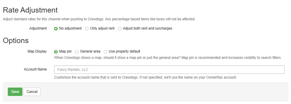 Add a Rate Adjustment, if desired, complete the Options section, and Save.