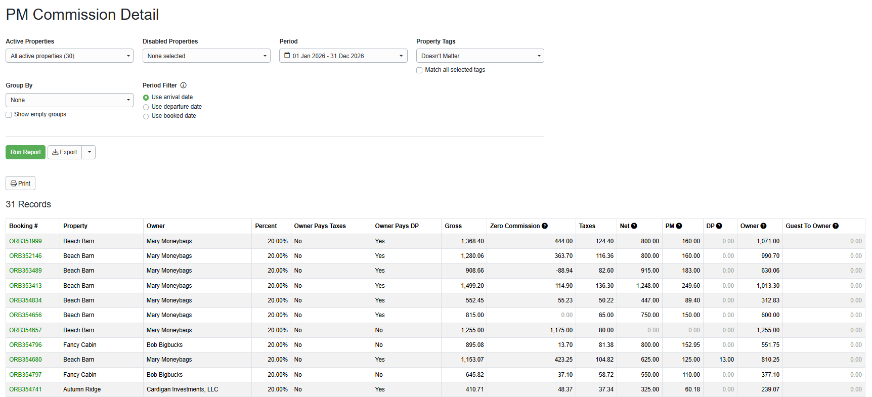 Navigate to PM > Reports > Commission Detail (or Reports > Property Management > Commission Detail), selecting from the following options, and clicking Run Report.