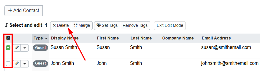 2. In the Contacts section, delete the individual contact&nbsp;by checking the left checkboxes and clicking the Delete button.