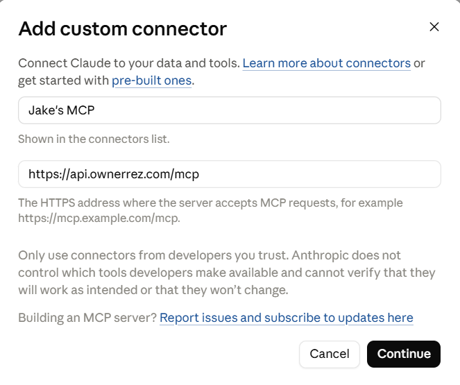 Add the name of your Custom Connector, enter the OwnerRez MCP URL, then click Continue.