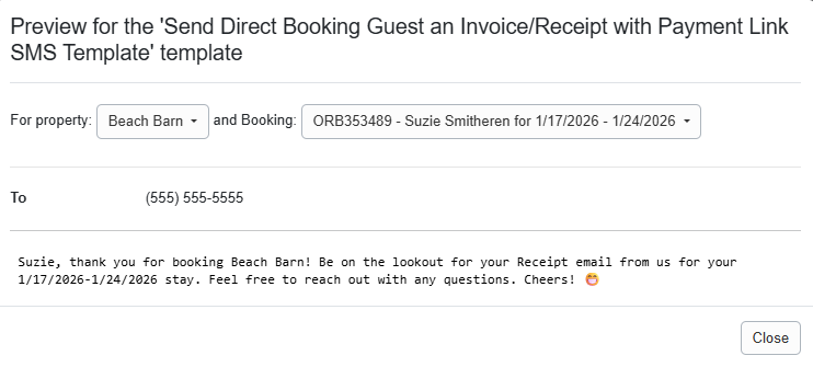 Send Direct Booking Guest an Invoice/Receipt with Payment Link SMS Template Preview
