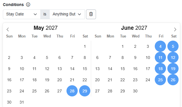 Add your own Stay Date exclusion condition for Airbnb and Vrbo discounts by navigating to Settings > Pricing > Discounts, then select an existing Airbnb or Vrbo discount, or select + Create Discount > Channel Specific Discounts. In the Conditions section, click + Add Condition > Stay Date is > Anything But (default), then select the individual nights you want to exclude from the Airbnb or Vrbo discount.