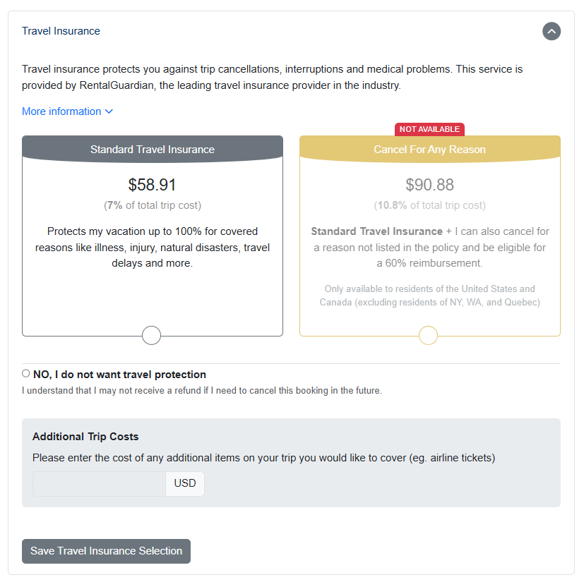 If you offer travel insurance to guests, the Travel Insurance section has all of our regular Travel Insurance form functionality condensed into the Confirm & Pay form.