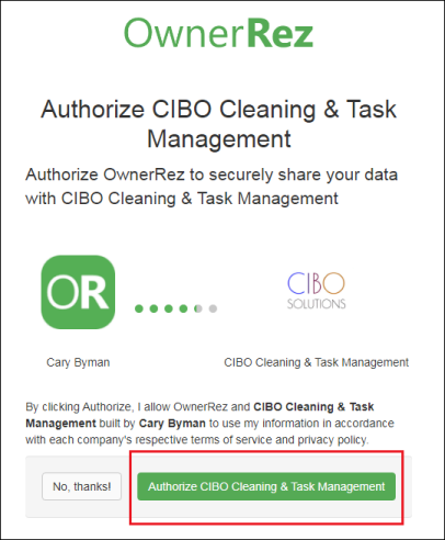 An authorization page will appear, and you must click Authorize CIBO Cleaning & Task Management.