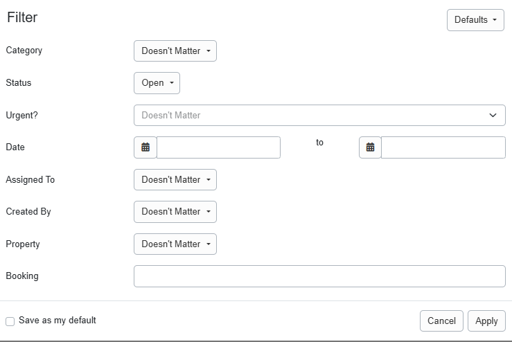 The Filter options (Category, Status, Urgent?, Date range, Assignment, Creator, Property, and Booking number) allow you to filter or search for specific tasks.