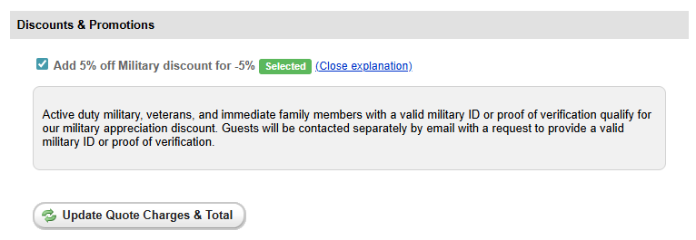 Guests can select the optional discount in the Discounts & Promotions section during the booking process and then the Update Quote Charges & Total button.