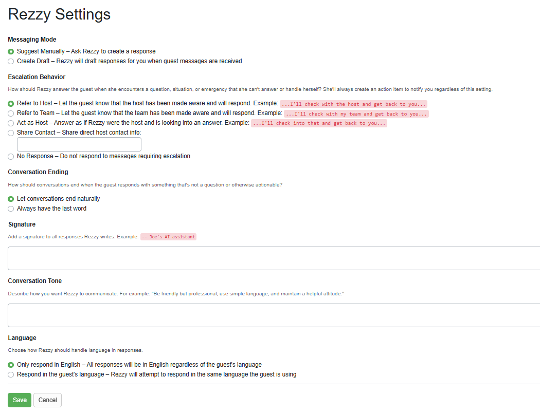 Your Rezzy Settings allow you to change the Messaging Mode, Escalation Behavior, Conversation Ending, Language, and Conversation Tone.