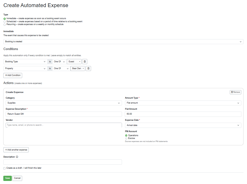 Does your owner provide gifts for returning guests that you purchase on their behalf and need to record as an automated expense? Create an automated expense for returning guest gifts using the following settings.