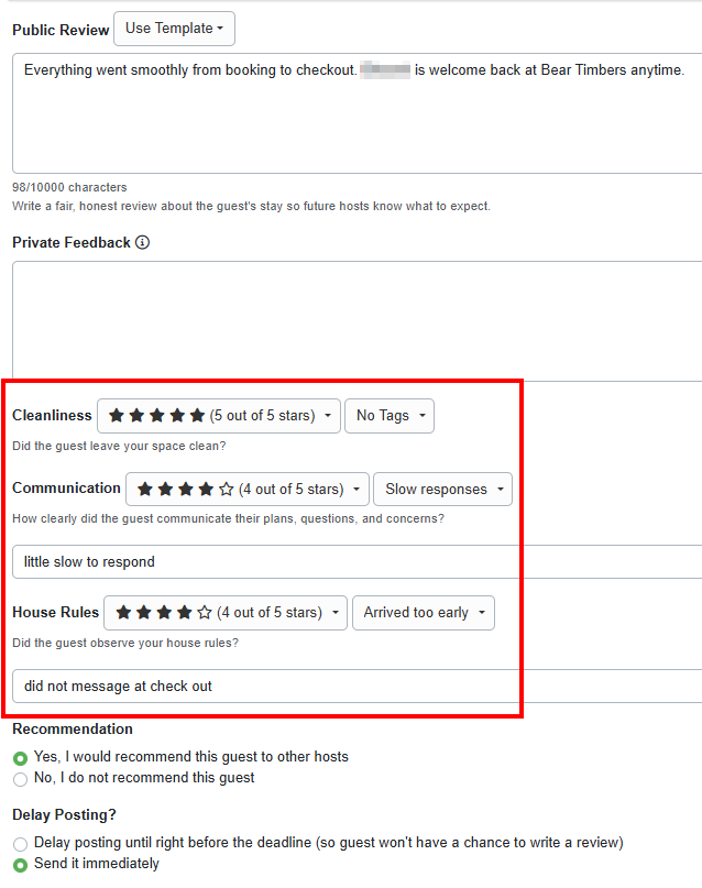 OwnerRez added the ability for hosts to now add optional text comments (50 characters maximum) when rating guests with 1 to 5 stars across three categories: Cleanliness, Communication, and House rules. If fewer than 5 stars are given, hosts must select at least one descriptive tag.