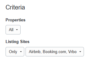 Since you can create multiple legal agreements, you can create agreements that apply only to specific properties or listing sites by using the Criteria section. To make an agreement apply only to Airbnb, Booking.com, or Vrbo bookings, select those as the listing sites.