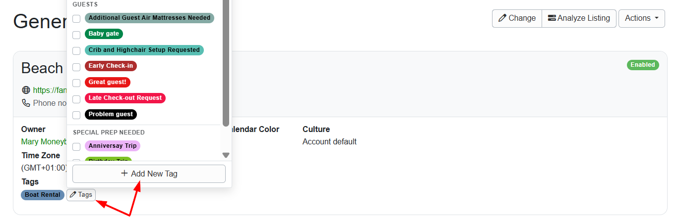 Users can create new tags for properties by navigating to Properties > specific Property > General Info > Tags button, then selecting + New Tag.