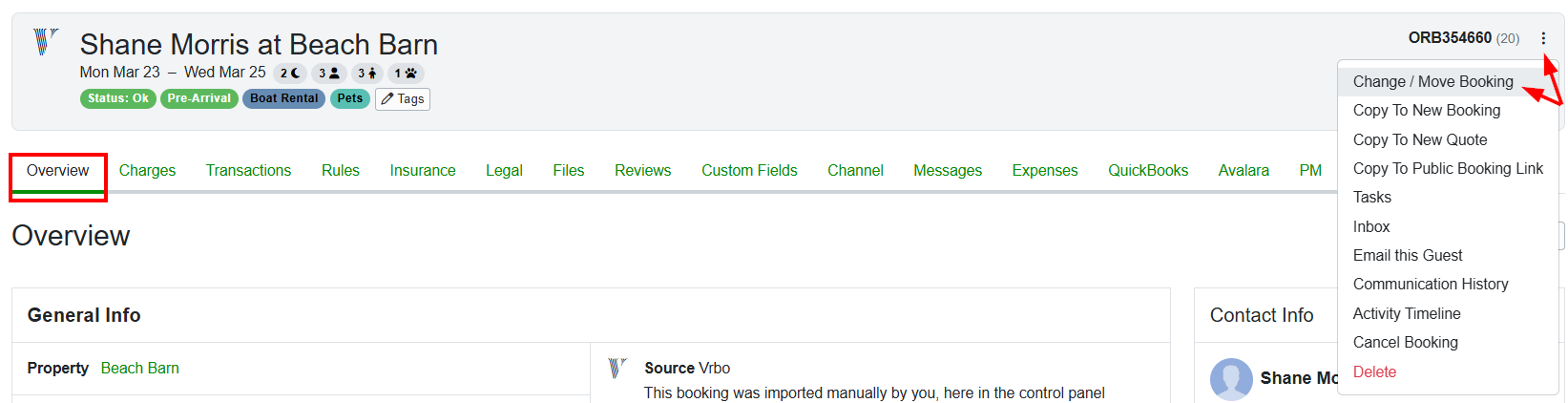 Alternatively, you can navigate to the booking overview tab, click the upper-right kebab menu, and select Change/Move Booking from the dropdown list.