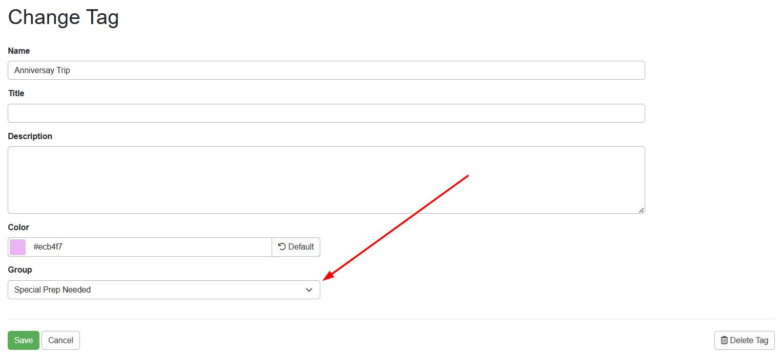 From the main Tags screen, select the Tag you want to add to a group. The Change Tag window will open; click the Group drop-down list to select a&nbsp;Group,&nbsp;then click&nbsp;Save.