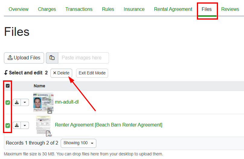 1. In the individual booking > Files section, select files by checking the left checkboxes and click the Delete button.