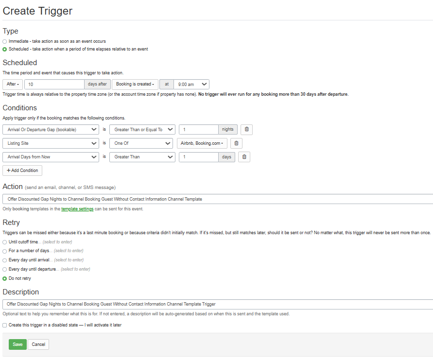 Create a trigger that applies to channel bookings offering discounted nights to channel guests without contact information.