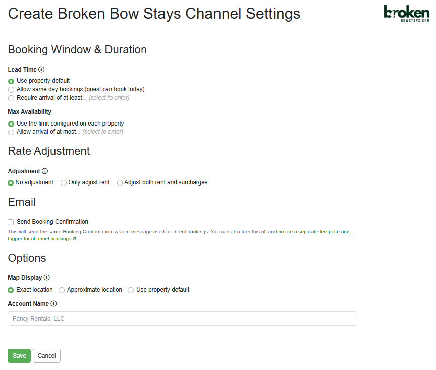 Configure your Broken Bow Stays Payments, Booking Window & Duration, Rate Adjustment, Email settings, and Options (Map Display and Account Name).