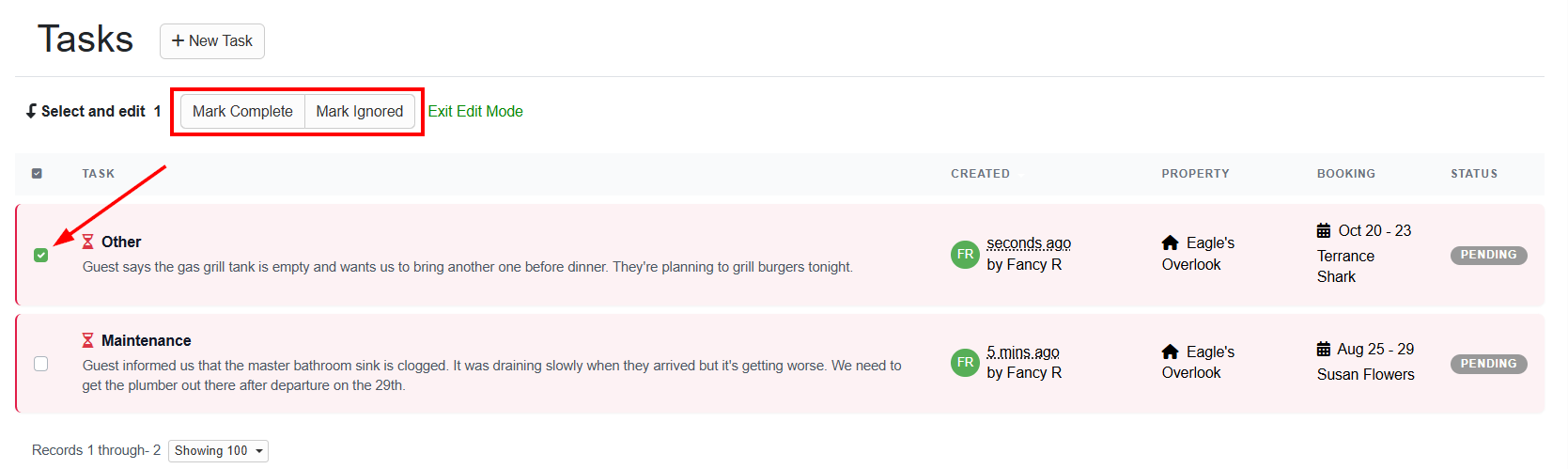 As Tasks are completed, you can check the left checkbox and Mark Complete or Ignored to change the Task Status.