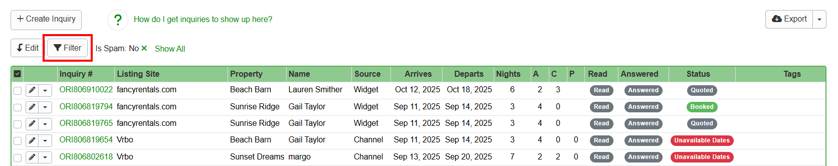 Want to see which inquiries you have read or answered? Click on the Filter button at the top left of the grid.