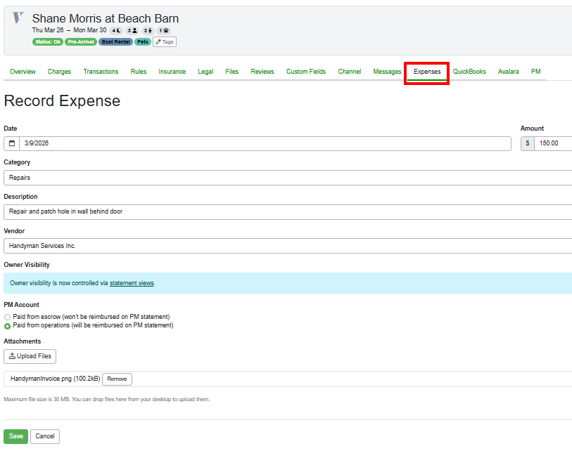 When you record a booking expense (Booking > Expenses tab > + Record Expense), you'll notice that the Owner Visibility section has been moved to Statement Views.