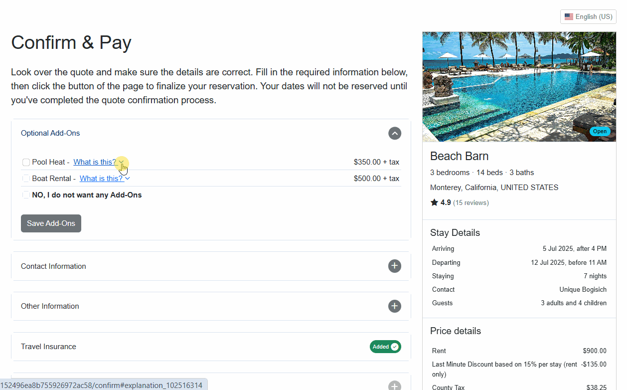 If you offer Add-on Services, they appear as the first section on the Confirm & Pay guest form. When saved or declined, the following section automatically opens.