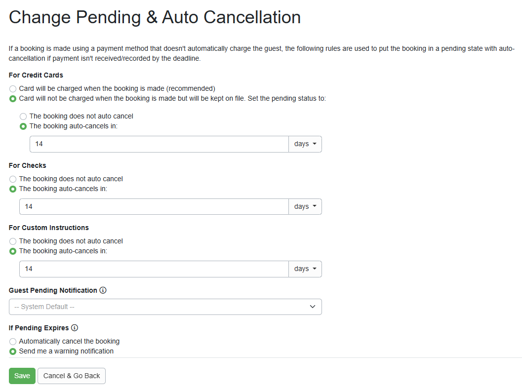 The auto cancellation time is set in the rules section for each property by navigating to Properties > your specific Property > Rules > Change >Pending & Auto Cancellation. Here are the default settings. Bookings are set to auto-cancel if payment is not completed within 14 days. Note that OwnerRez recommends that the Card will be charged when the booking is made, which is the default.