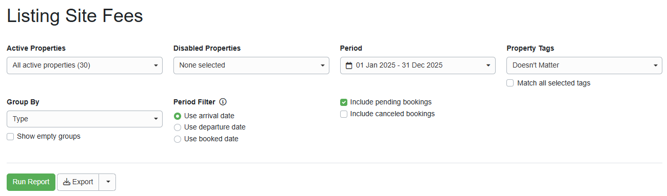 &nbsp;Listing Site Fees Report options