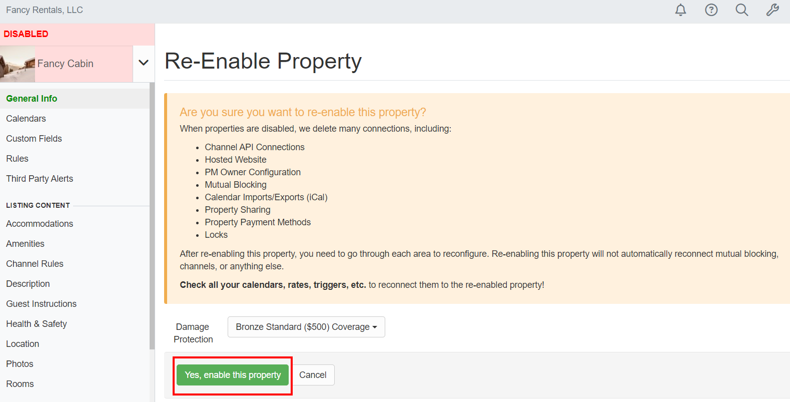 On the Re-Enable Property page, click on Yes, enable this property.