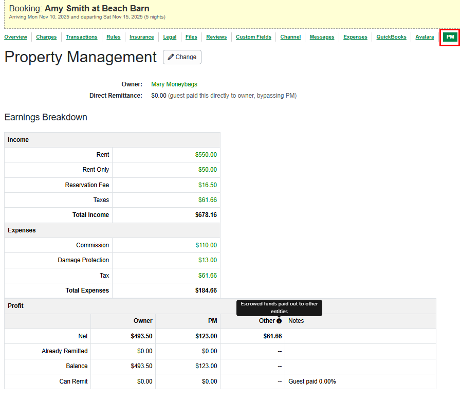 With our October 29th release, OwnerRez added a separate 'Other' column for escrow expenses within the individual booking PM tab breakdown section, which includes a hover tooltip with help text.
