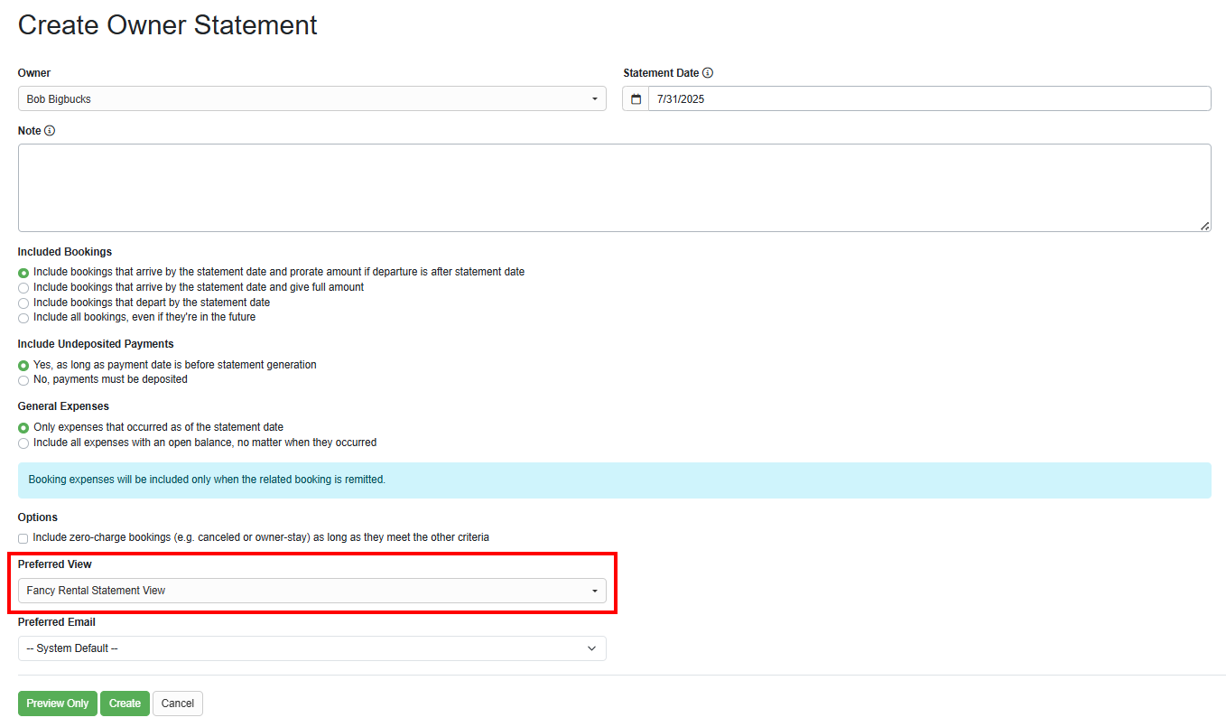 Create Owner Statement default selections