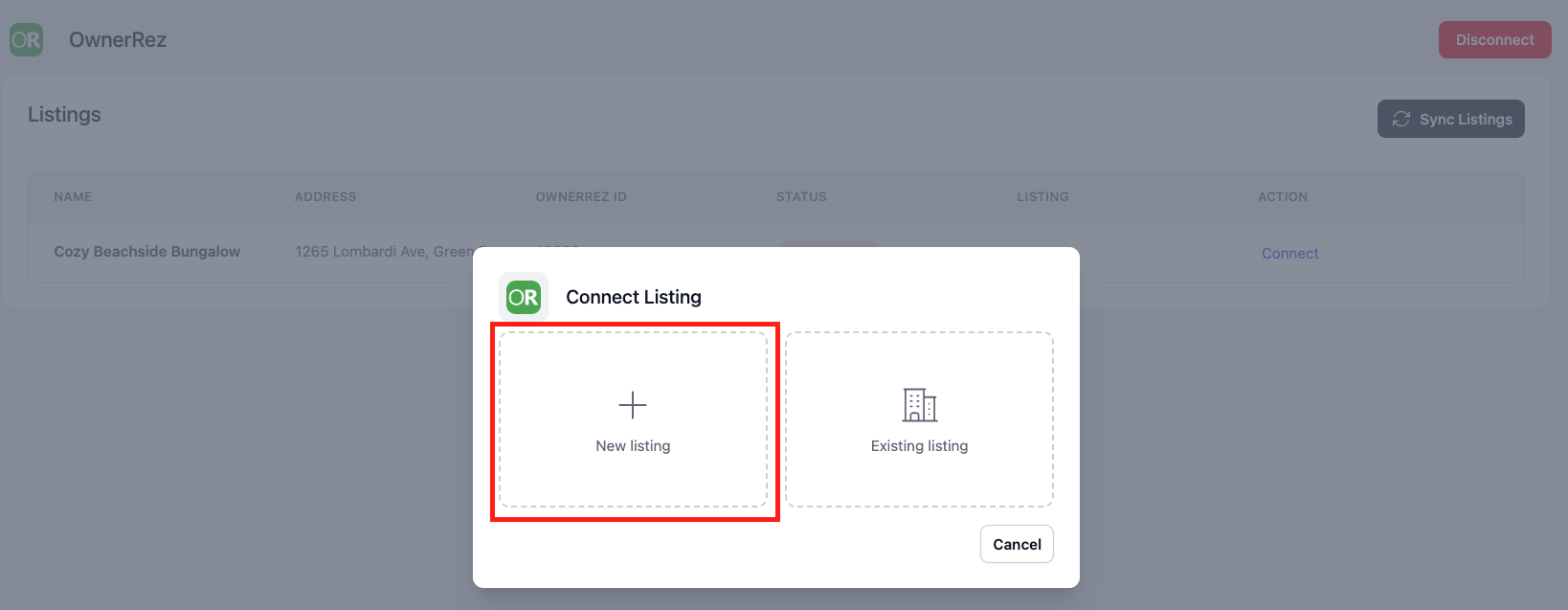 Connect the listings that you wish to sync with Guestwise:  Select the &ldquo;Connect&rdquo; next to the listings that you wish to sync. Select &ldquo;New Listing&rdquo; to map a Guestwise listing to the OwnerRez listing.