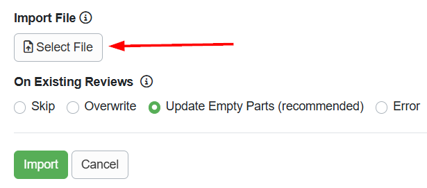 Once you have a complete Excel spreadsheet of reviews to upload, it's time to upload it to OwnerRez.&nbsp; Back at the Import Reviews page, click the file (or 