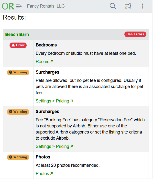 OwnerRez enhanced the LQA by now displaying results in a more mobile-friendly format with our February 18th release. Each property is now its own section with the property name and LQA status as a header. On mobile, element details are now displayed in a vertical layout with improved navigation links to help you quickly find and fix listing issues.