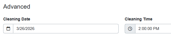To configure your cleaning time, navigate to the specific Booking > Change/Move Booking > Advanced > Cleaning Time, and enter the desired cleaning start time.