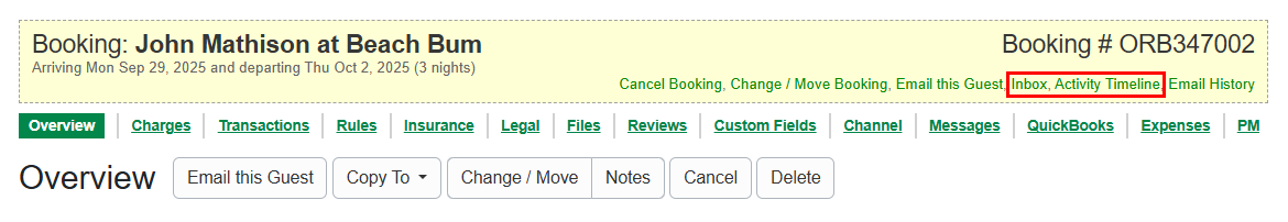 With our September 17th release, OwnerRez updated the links in the Booking Overview to provide links to the Unified Inbox and Activity Timeline.