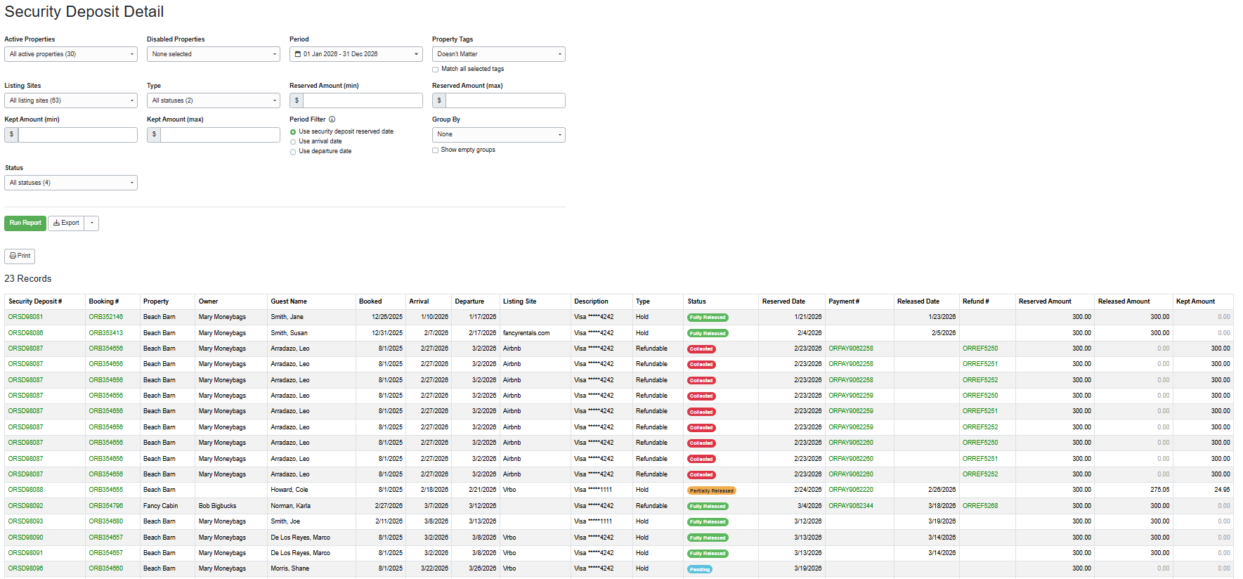 Create your Security Deposits detail report by navigating to Reports > Detail Reports > Security Deposits, selecting the following options, and clicking Run Report.