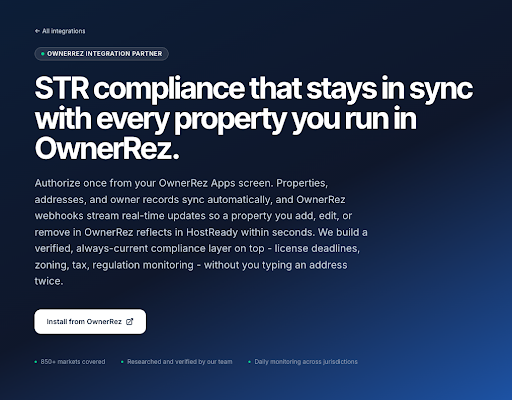 After selecting OwnerRez, click Install from OwnerRez.