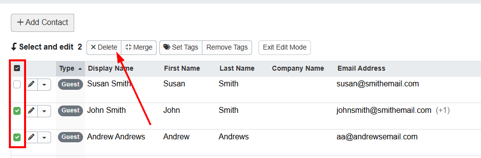 In the menu > Contacts grid, users can select one or more guests to delete, then click the Delete button.&nbsp;Note the OR pop-up that warns that deleting the guest will also delete all associated inquiries and quotes.&nbsp;
