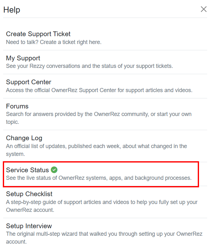 The Help menu also features a live Service Status icon - if you see green with a checkmark, 