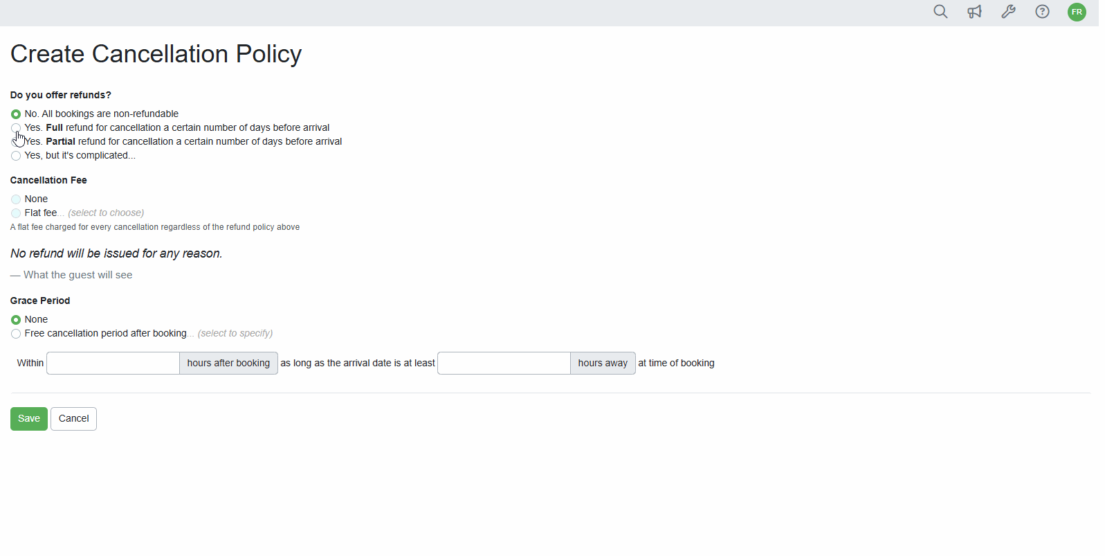 On the Create Cancellation Policy page, you'll determine whether you offer refunds for cancellations or charge a cancellation fee. Depending on your settings, options will appear for you to complete. If a Cancellation Fee is selected, a Create Manual Fee pop-up window will appear for you to configure, allowing you to charge guests a cancellation fee manually upon cancellation.