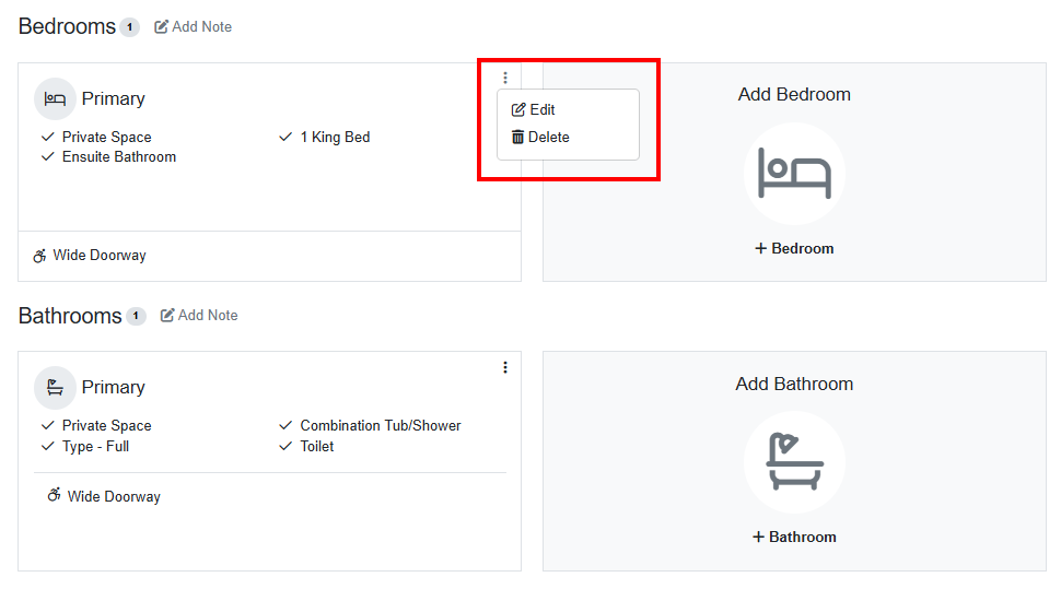 If you need to edit or delete a room, click on the room's upper-right kebab icon.