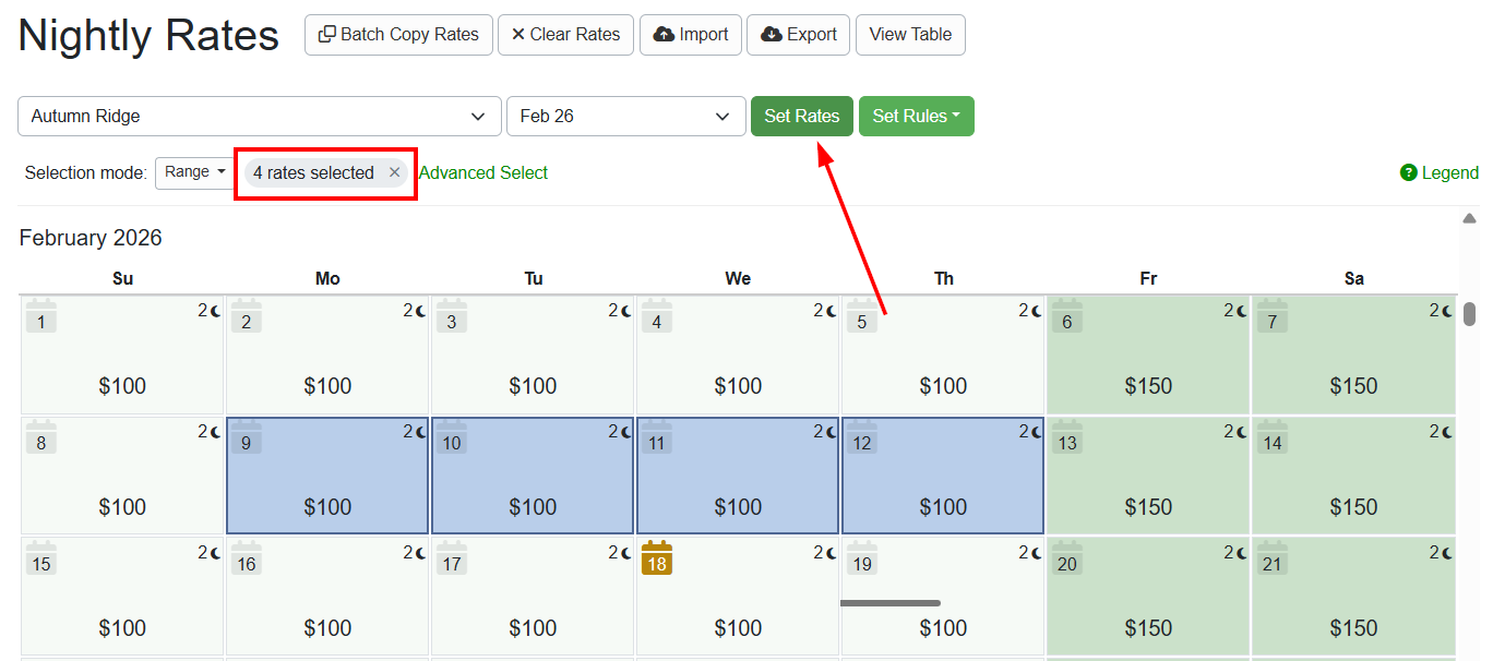 To set nightly rates, navigate to the Calendar Tab, select one or more nights, and click the&nbsp;Set Rates button.